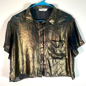 Molly Green-Gold Shimmer Sheer- Button Up Collared Crop Top